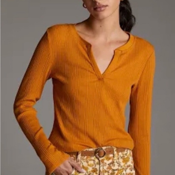 NWT Maeve By Anthropologie Ribbed Split Neck Long Sleeve Shirt - Picture 2 of 5